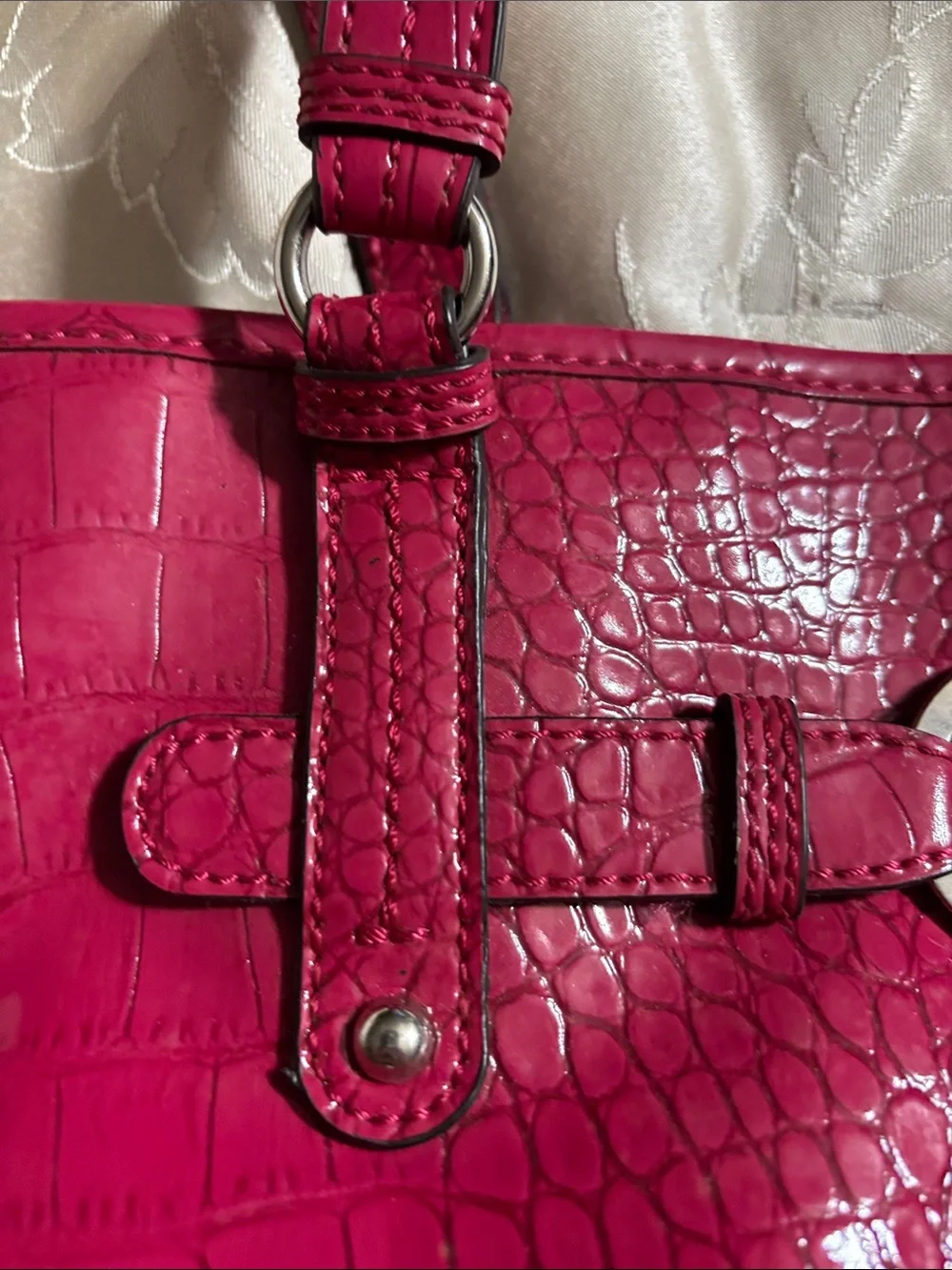 Nine & Co. Croc-Embossed Fuchsia Tote with Silver Z Emblem